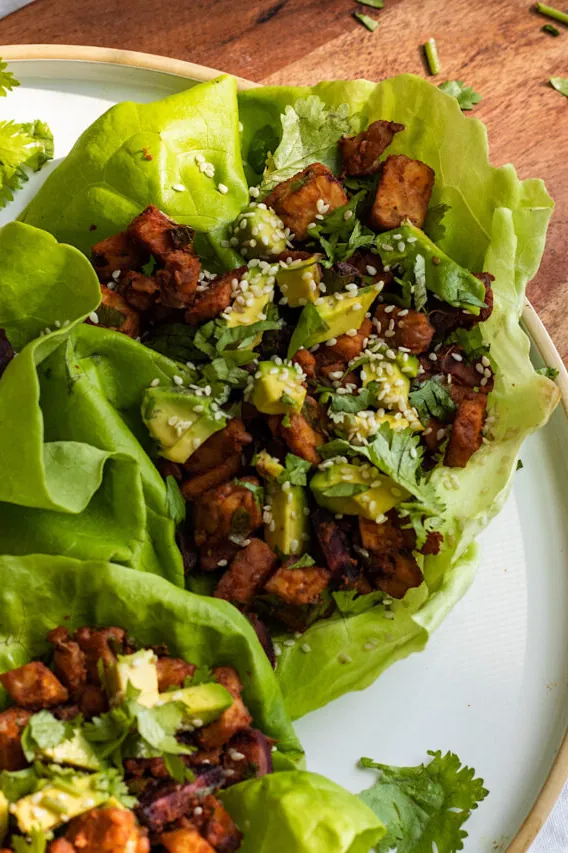 Buffalo Tempeh Carrot Lettuce Wraps