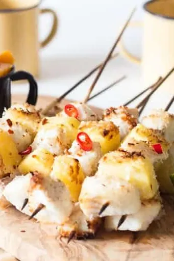 Coconut Encrusted Pineapple and Fish Kebabs with Mango Salsa