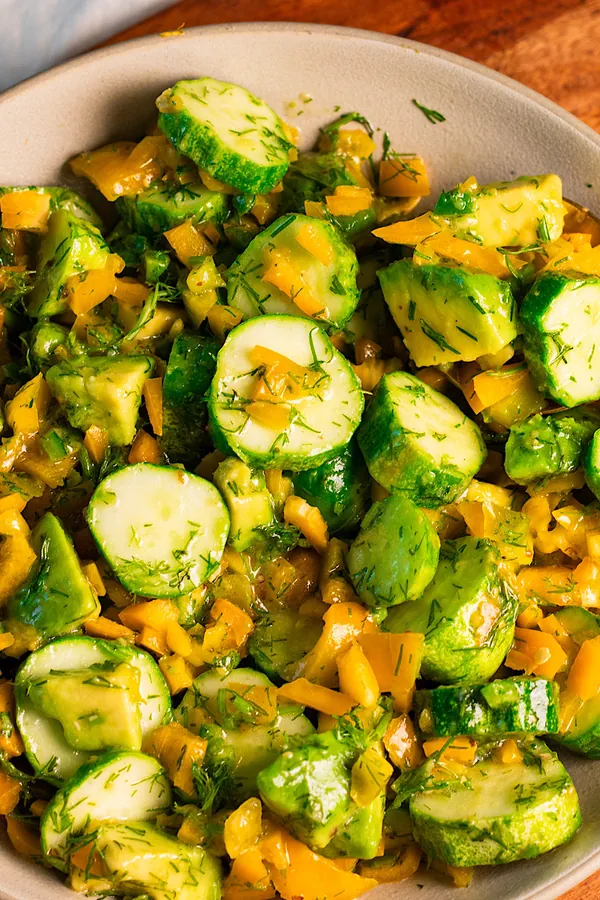 Cucumber Sweet Pepper and Avocado Salad with Lemon Honey Mustard Dressing