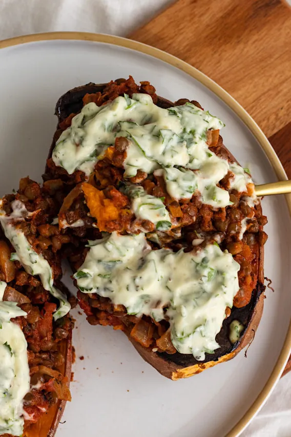 greek lentil stuffed baked sweet potatoes