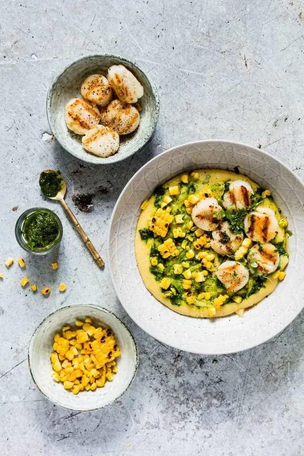 Grilled Scallops With Grilled Corn And Herb Oil