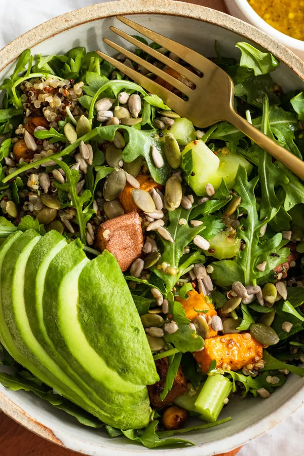 High Protein Vegan Arugula Salad with Honey Mustard Dressing
