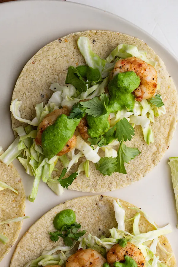 Hot Honey Shrimp Tacos with Cilantro Yogurt sauce