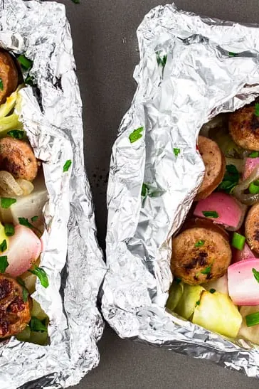 Keto Sausage, Cabbage, and Radish Foil Packs
