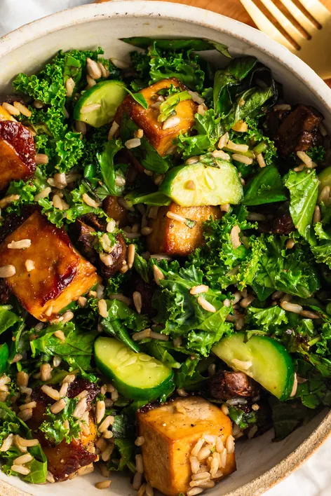 Sesame Miso Kale Salad with Tofu and Basil (vegan)