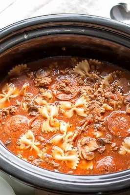 Slow Cooker Pizza and Pasta Soup {Freezer Meal Friendly}