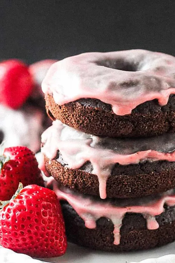 Strawberry Glazed Vegan Chocolate Donuts with Oat Flour