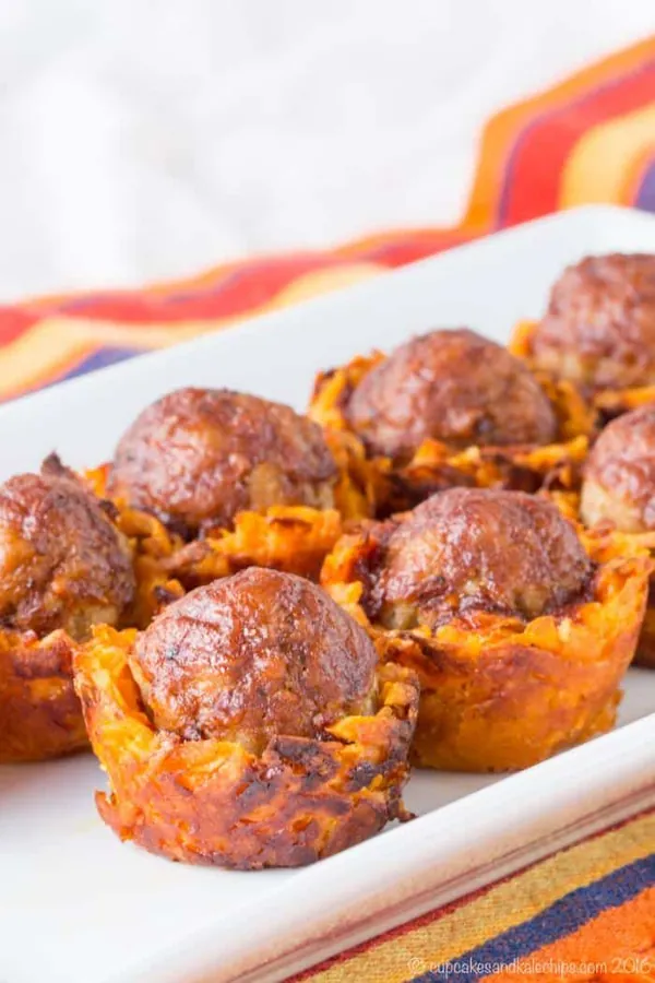 Cheesy Barbecue Meatball Sweet Potato Bites