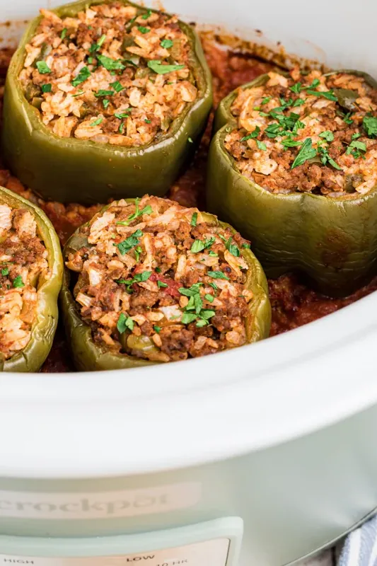 Slow Cooker Stuffed Peppers {Beef and Rice}