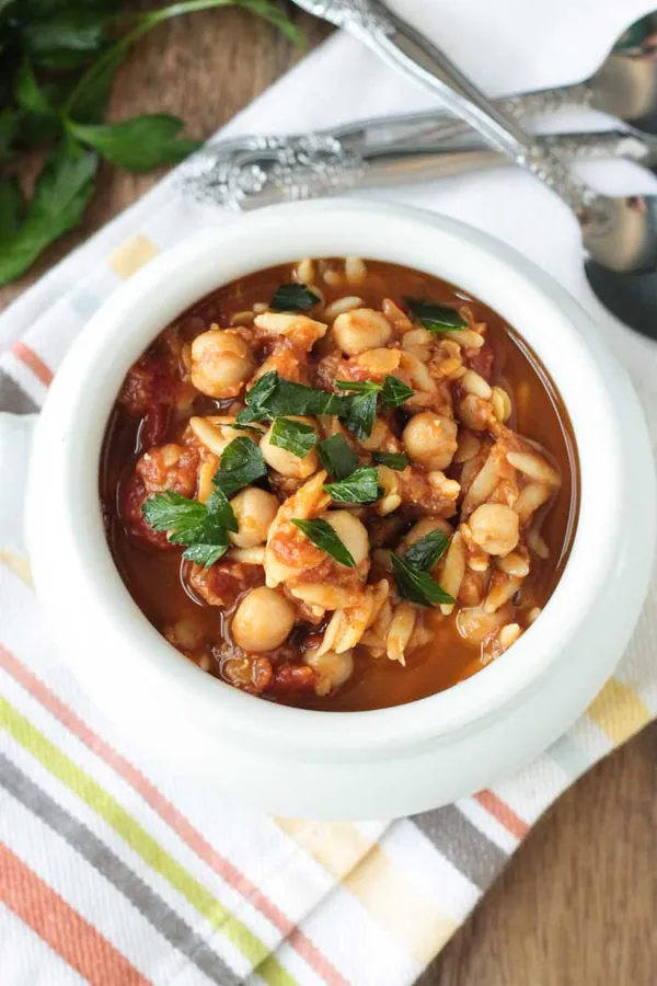 Slow Cooker Red Lentil Stew with Chickpeas and Orzo