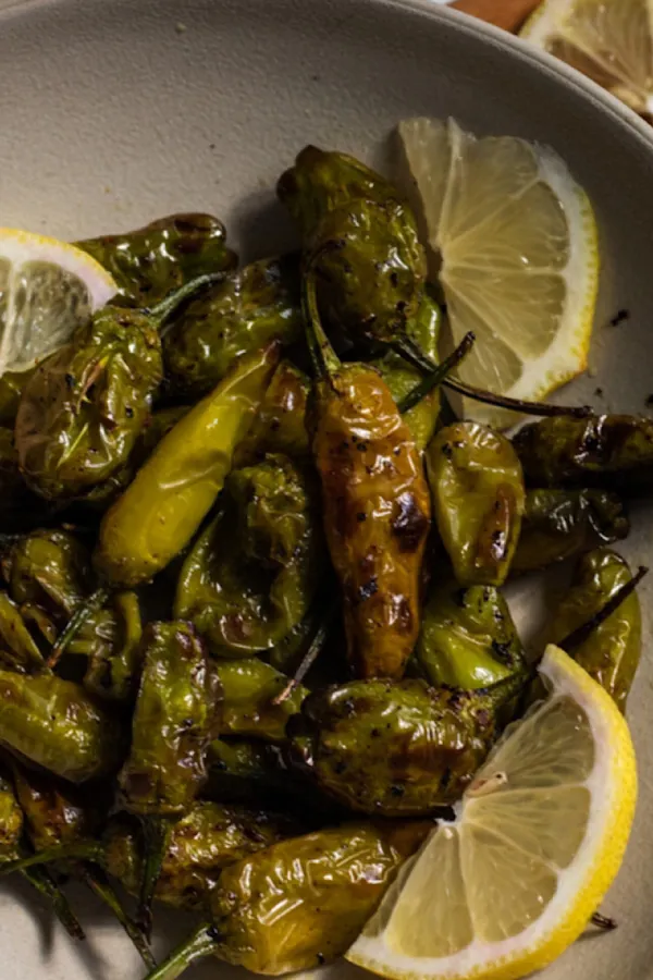 air fried blistered lemon shishito peppers