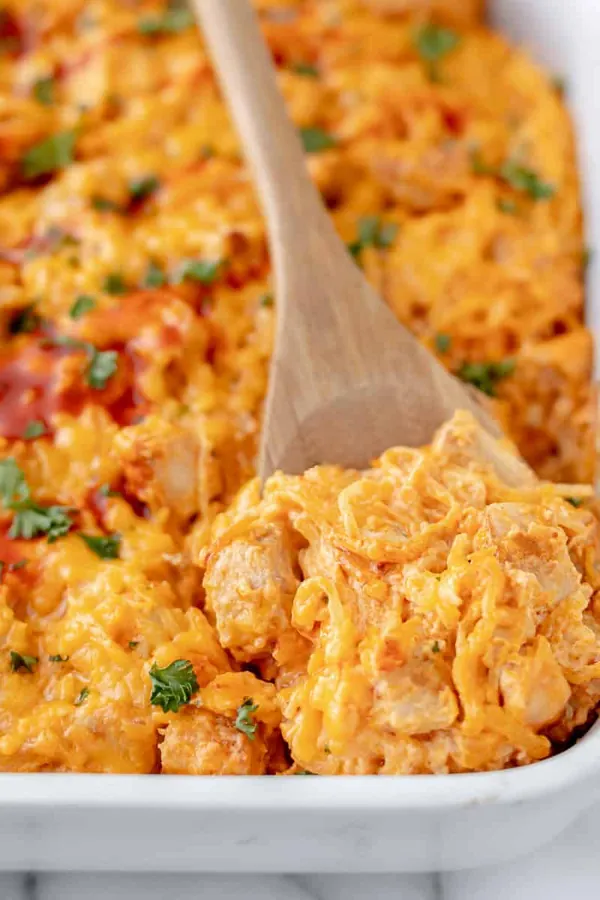 Creamy Buffalo Chicken Spaghetti Squash Casserole