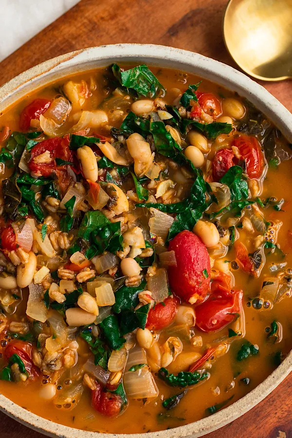 roasted tomato and white bean stew with farro
