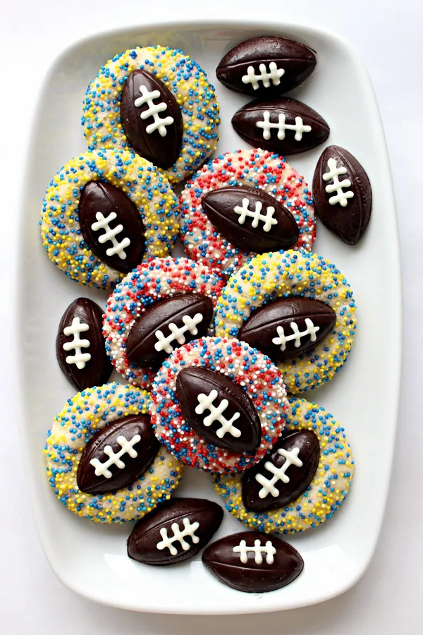 Shortbread Thumbprint Cookies with Chocolate Footballs
