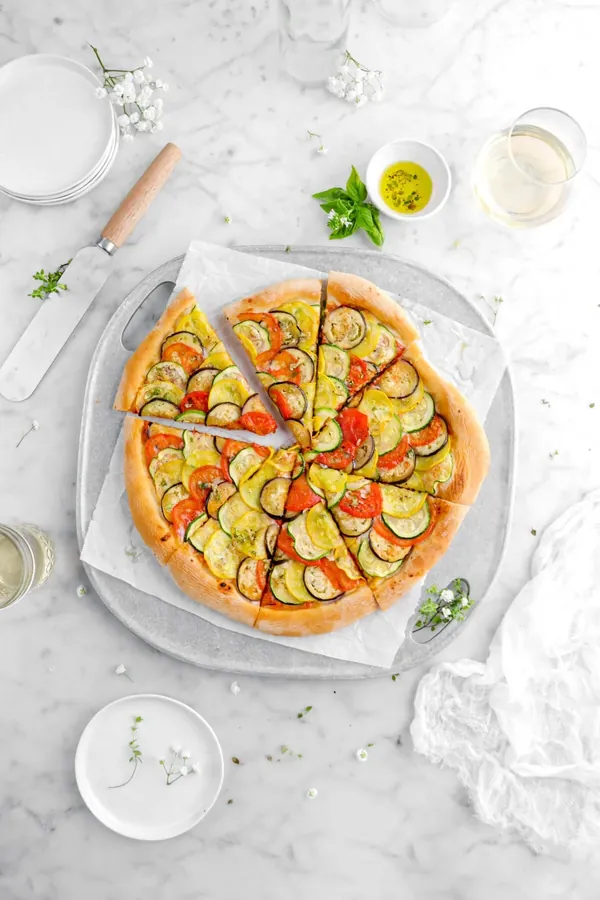 Summer Ratatouille Pizza with Garlic Thyme Olive Oil Drizzle