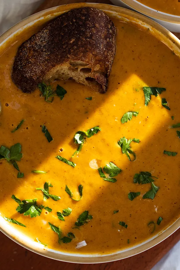 Vegan Creamy Red Pepper Sweet Potato Soup with Almond Butter