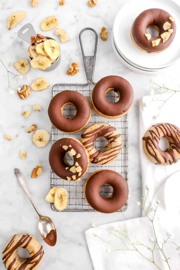 Baked Banana Nut Donuts with Dark Chocolate Glaze