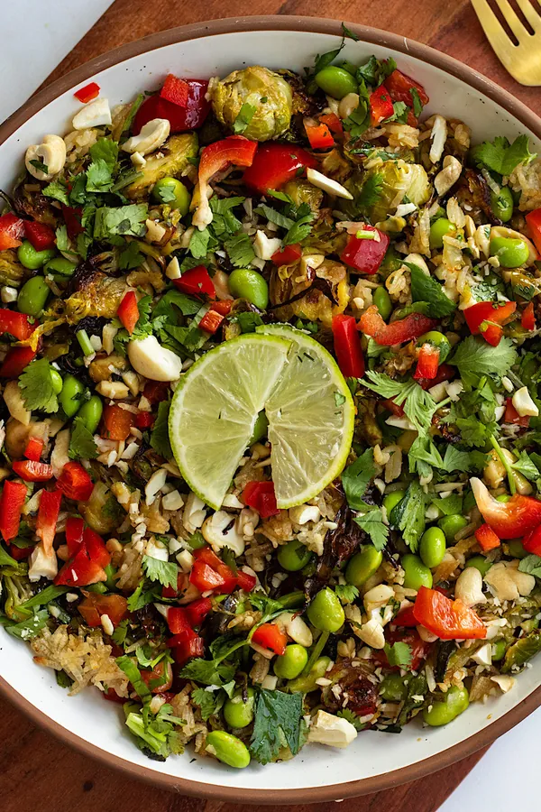 Baked Brussels Sprouts and Crispy Rice Salad