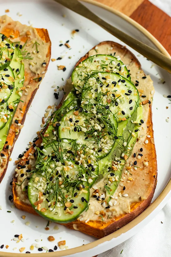 Baked Sweet Potato Toast with Hummus and Avocado