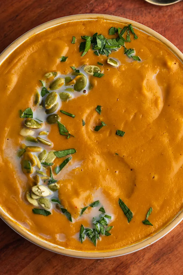 Creamy Carrot Red Lentil Soup with Harissa