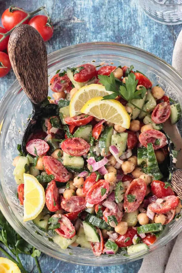 Cucumber Chickpea Salad with Balsamic Tahini Dressing