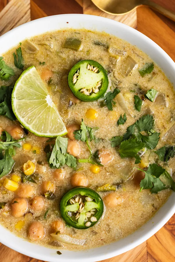 High Protein Chickpea Enchilada Soup with Greek Yogurt
