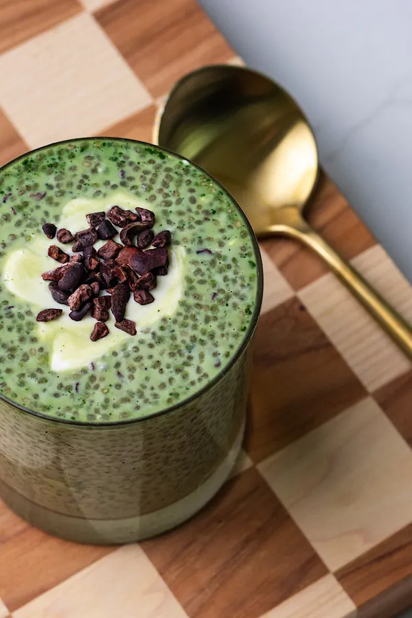 High Protein Mint Chocolate Chip Chia Pudding