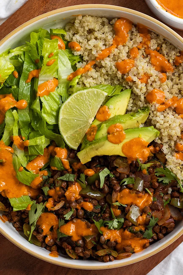 Lentil burrito bowl with chipotle cashew sauce