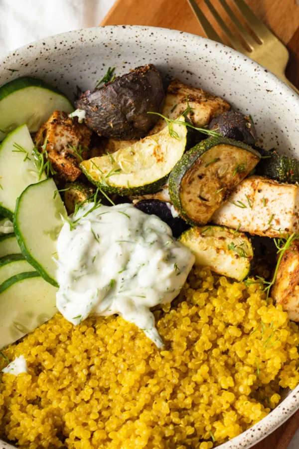 mediterranean tofu buddha bowl (high protein + vegan)