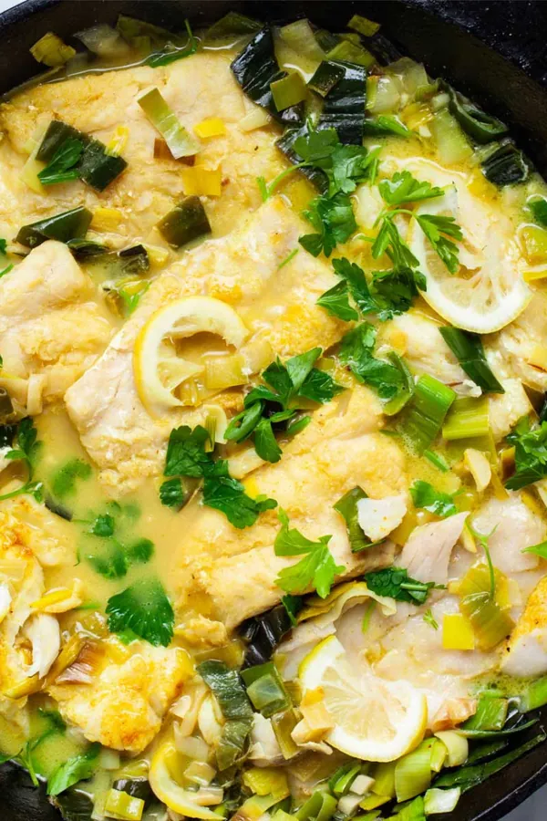 One Skillet Creamy Leeks With Cod Fillets