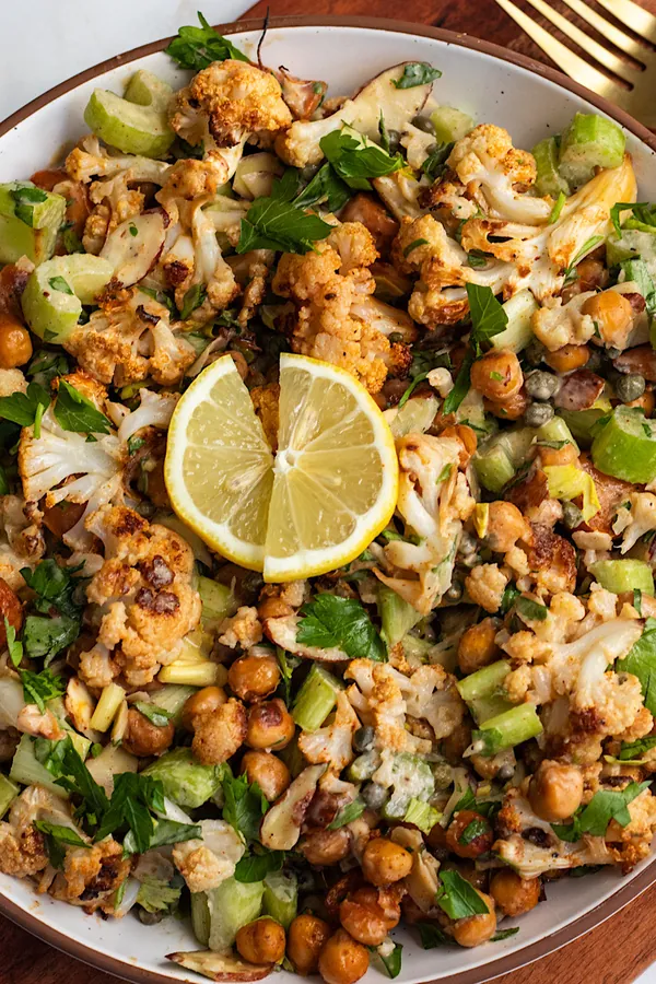 roasted cauliflower crunch salad with lemon tahini dressing
