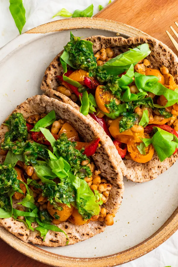 Roasted Crispy White Bean and Veggie Pitas with Parsley Sauce (vegan)