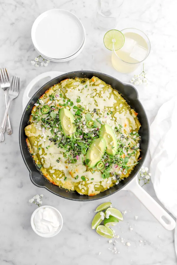 Skillet Chicken and Zucchini Enchiladas with Tomatillo Sauce