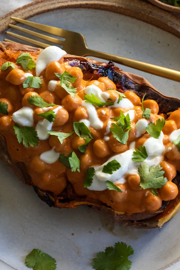 Vegan Buffalo Chickpea Stuffed Sweet Potato