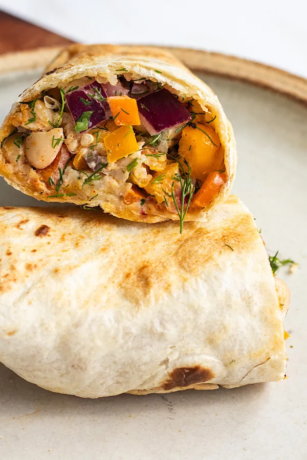 vegan mediterranean white bean quinoa burrito (air fryer)