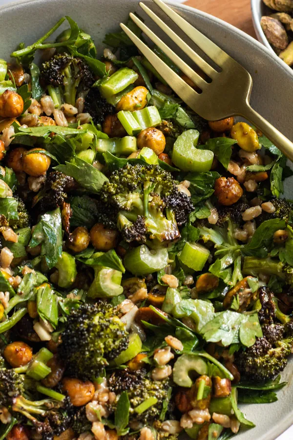 vegan warm broccoli crunch salad with balsamic tahini dressing