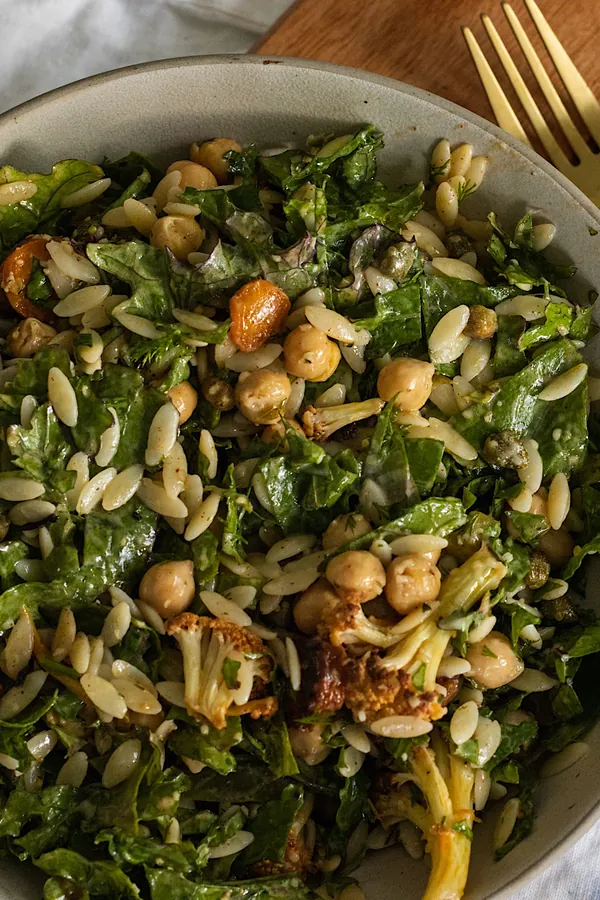 Vegan Winter Orzo Salad with Chickpeas and Kale