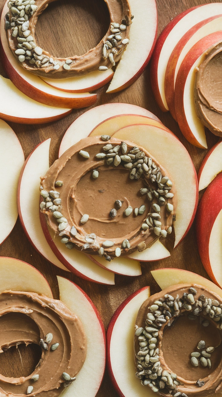 Apple Rings with Almond Butter and Hemp Seeds