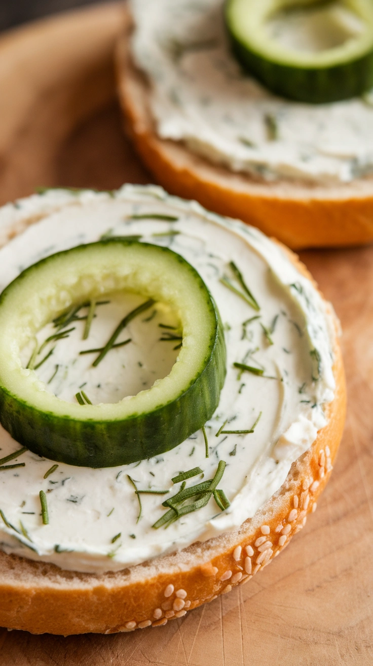 Cucumber and Herbed Cream Cheese Bagel