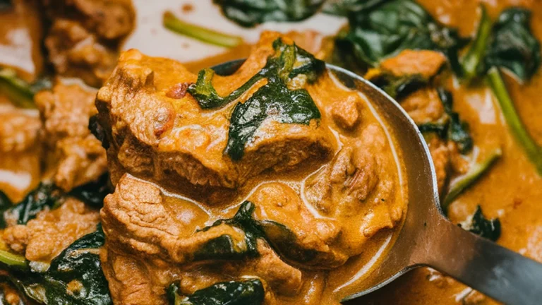 Curried Beef Stew with Coconut Milk and Spinach - Featured