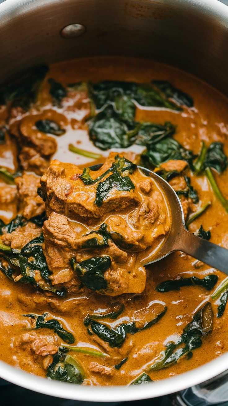 Curried Beef Stew with Coconut Milk and Spinach