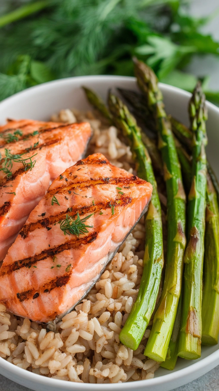 Grilled Salmon and Asparagus Grain Bowl