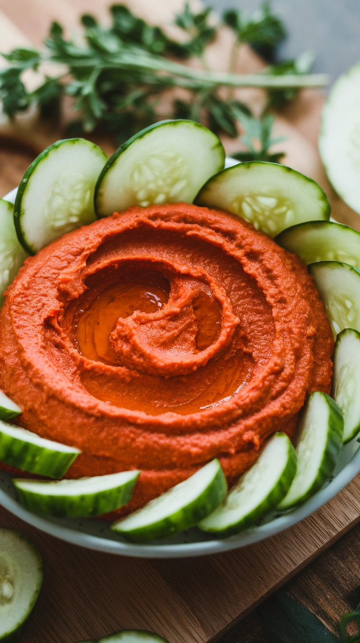 Roasted Red Pepper Hummus with Cucumber Boats