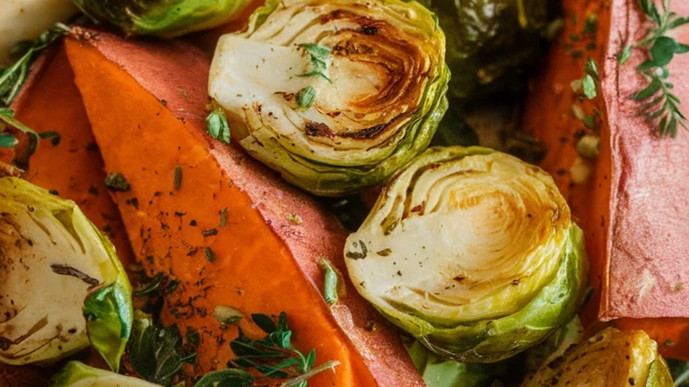 Roasted Sweet Potato and Brussels Sprouts - Featured