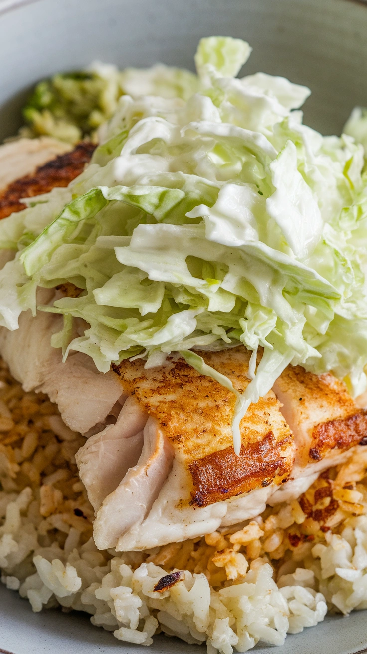 Seared Tilapia Burrito Bowl with Cabbage Slaw
