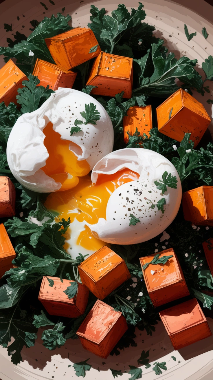 Sweet Potato and Kale Hash with Poached Eggs