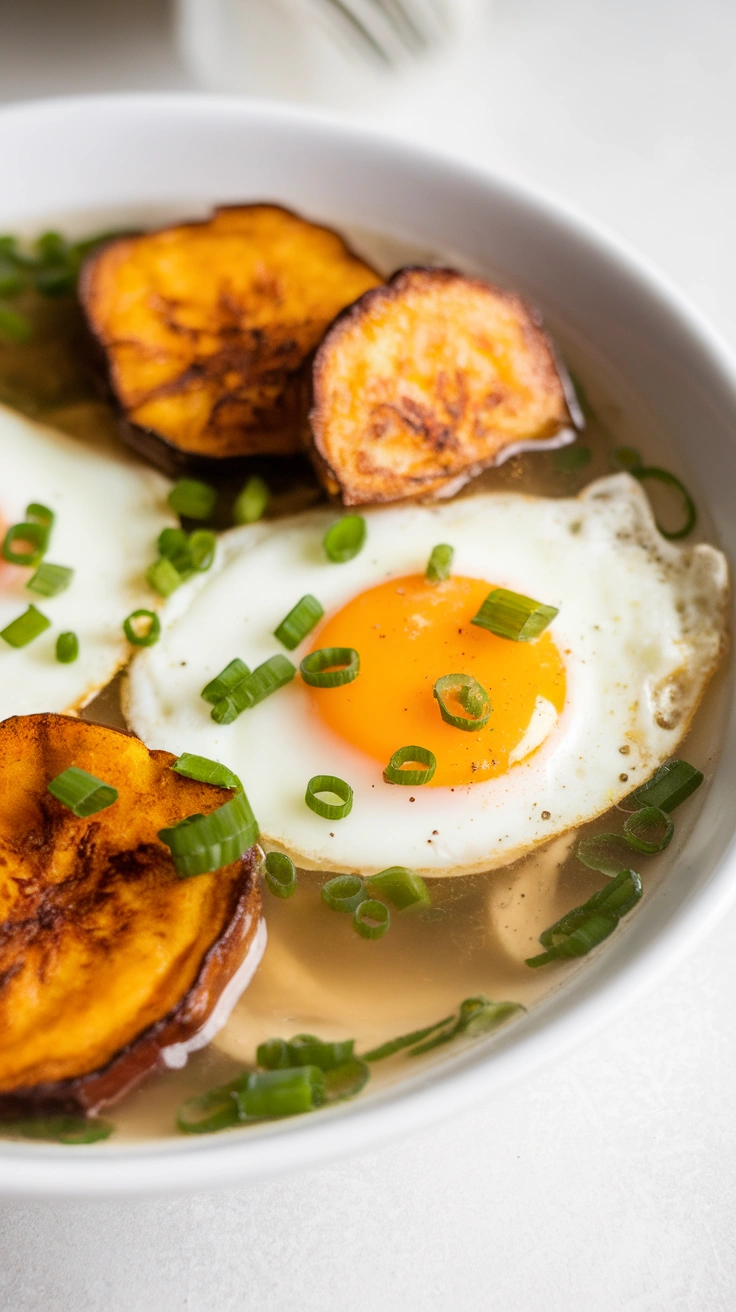 Bone Broth Breakfast Bowl with Eggs and Plantains