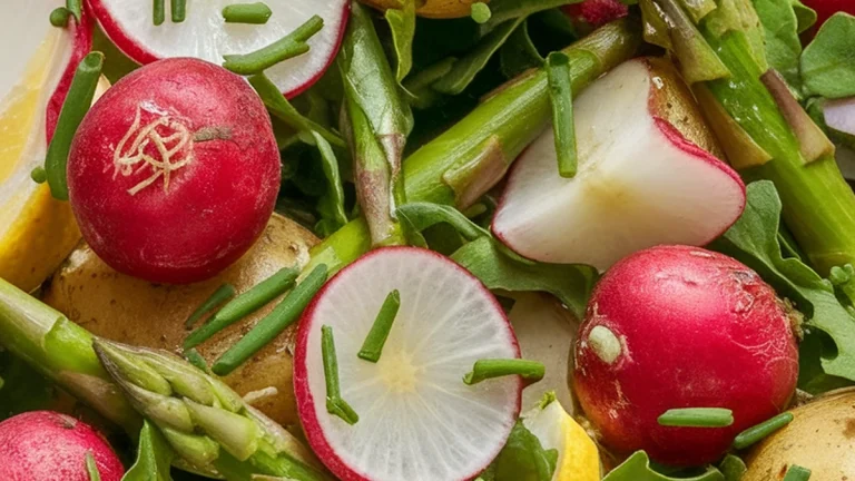 New potato salad with asparagus and radishes - Featured