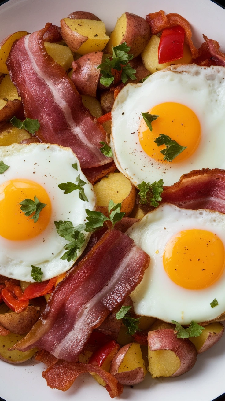 Potato Hash with Turkey Bacon and Eggs