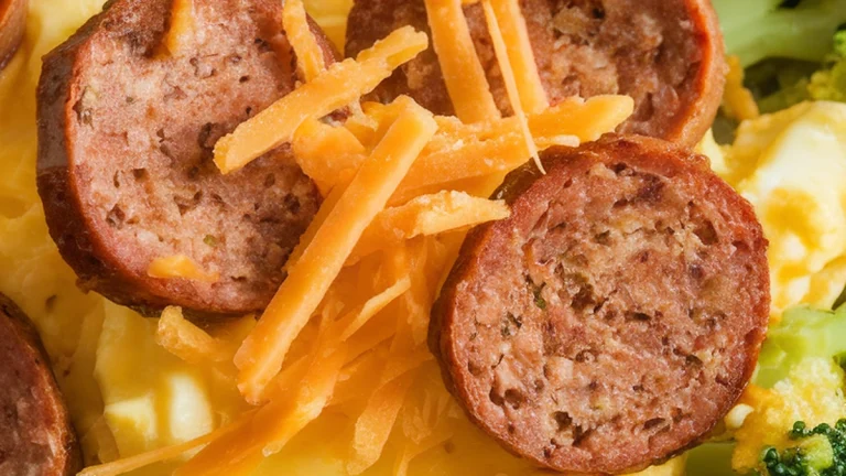 Scrambled Eggs and Sausage with Broccoli - Featured